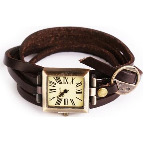 Genuine Leather Womens Quartz Watch Roma Style Watch Vintage Ladies Bracelet Watch Square Relogio Feminino Female Clock Brown