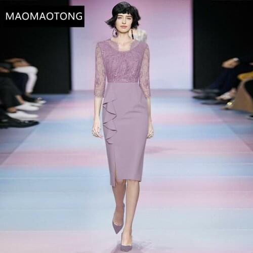 Womens Clothing Fashion Designer Dress Spring Womens Dress V-neck Lace Patchwork Package hip Ruffles Split Dresses