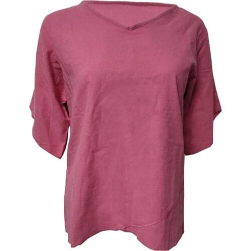 Cotton Linen Womens Shirt Solid V-Neck Top Loose blusas Vintage Half Sleeve Ruffle Hem Tunic Ropa de mujer 2021 рубашка