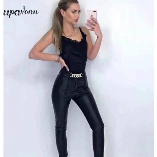 Free Shipping 2021 New Fashion PU Pencil Pants Elegant Slim Gloss High Waist Leather Cropped Pants Casual Pure Color Women Pants