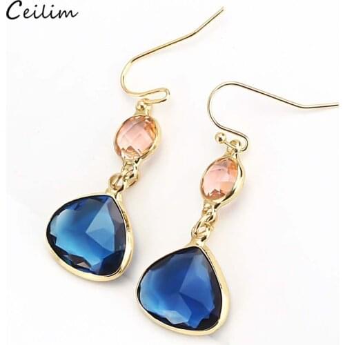 High Quality Gold Color Blue Pink Crystal Earrings for Women 2021 New Geometric Dangle Earring Fashion Bridal Wedding Jewelry