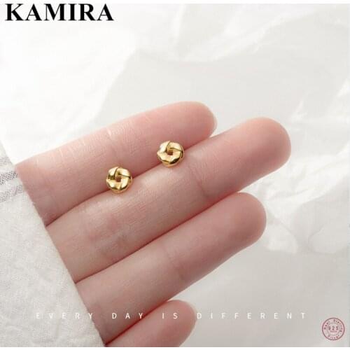 KAMIRA Real 925 Sterling Silver Punk Simple Twisted Flower Piercing Stud Earrings for Women Party Hip-Hop Chic Gold Jewelry Gift