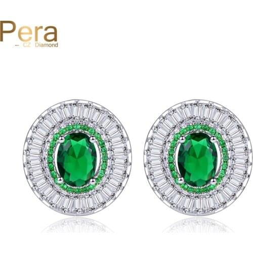 Pera Fashion Famous Brand Round Design Silver Color Women Party Green And White Crystal Stone Big Stud Earrings For Gift E275