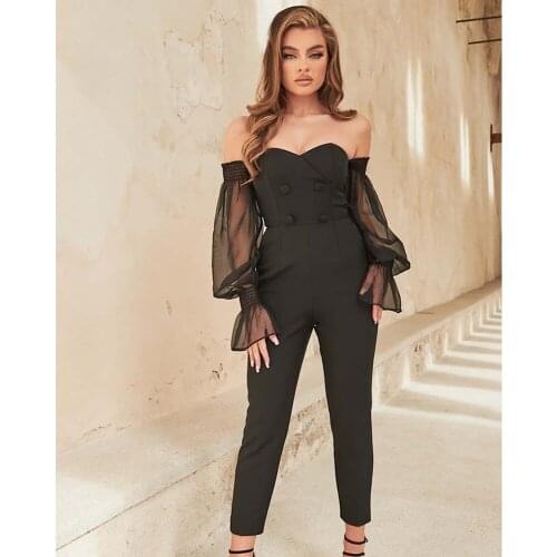 2021 Fall Women Clothing Black Sexy Off Shoulder Mesh Patchwork Long Sleeve Jumpsuits Femme Casual Slim Streetwear Romper BH7164