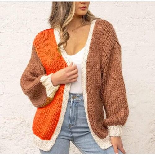 Winter Women Long Sleeve Knitted Sweaters Autumn Ladies Spell Colour Cardigans Outerwear Open Sweater Coats 2021