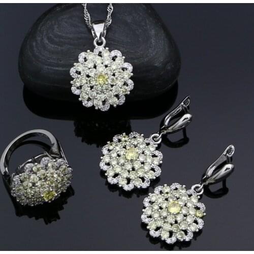 Engagement Jewelry Sets For Women Yellow Cubic Zirconia White Crystal 925 Silver Set Earrings Ring Necklace Pendant