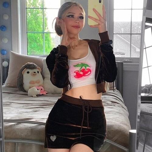 Y2k Long Sleeve Zip Up Cropped Coat Top and Mini Skirt 90s Vintage Heart Diamonds Velvet Hoodies Women Autumn Sporty Sweatshirt