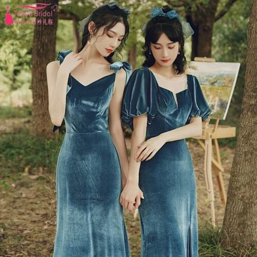 Dusty Blue Velvet Bridesmaid Dresses 4 Styles Elegant Classical Wedding Formal Gowns Mermaid Vestido de festa ZB109