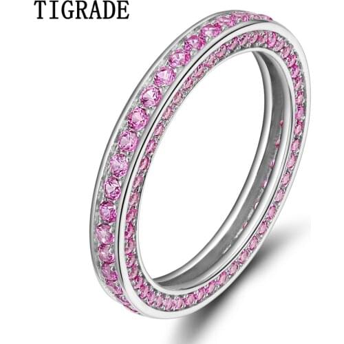 Female Pink Cubic Zirconia Silver Ring Sterling 925Silver Jewelry Elegant Luxury Wedding Band Promise Engagement Rings For Women