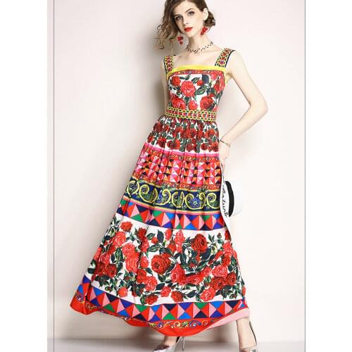 High Quality 2020 Summer Women Runway Sexy Suspender Dresses Elegant Rose Floral Printed Pleated Backless Dress Plus Size