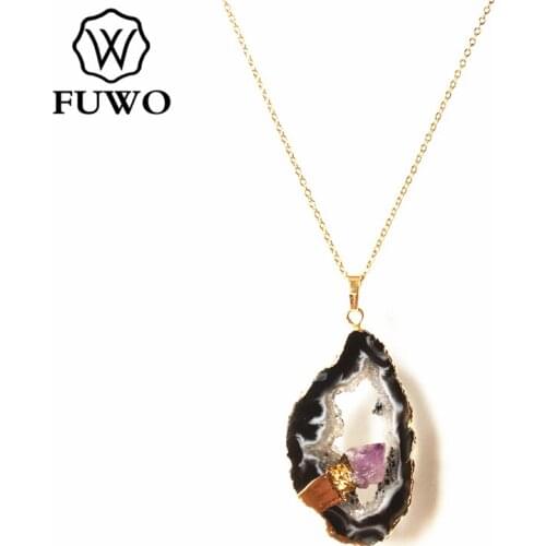 FUWO Natural Irregular Geode Agates Pendant Necklace Hiding Small Gold Amethysts Mineral Fashion Jewelry For Women Gift NC262