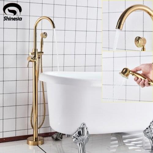 Gold Bathtub Floor Stand Faucet Mixer Single Handle Mixer Tap 360 Rotation Spout With Handshower Bath Mixer Shower Bath Faucet