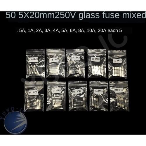 10 Values * 5pcs=50pcs fuse kit 0. 5A-20A 5X20mm Glass Safety Tube 1A 2A 3A 4A 5A 6A 8A 10A Assorted pack set 5*20mm