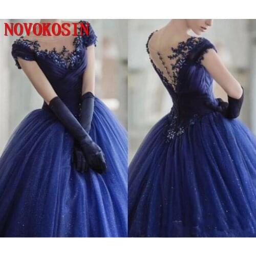 2019 Sparkly Beads Crystal Navy Blue Quinceanera Dresses Ball Gown Tulle Masquerade Sweet 16 Prom Gowns Backless Vestido Festa
