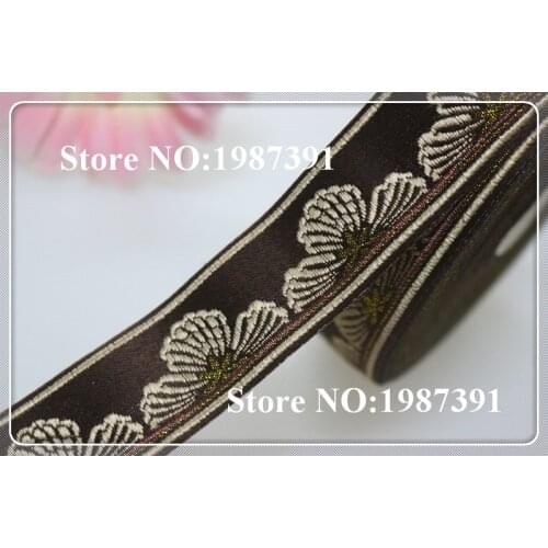 5yards/lots Woven Jacquard Ribbon 3cm brown background flowers pattern LS-5407