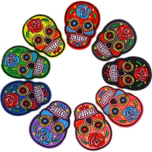9Pcs Punk Rock Skull Embroidery Patches For Clothing Flower Rose Skeleton Iron On Biker Patches Clothes Stickers Applique