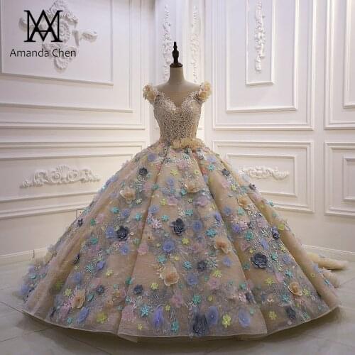 Abendkleider 2021 Cap Sleeve Lace 3D Flowers Colorful Wedding dress