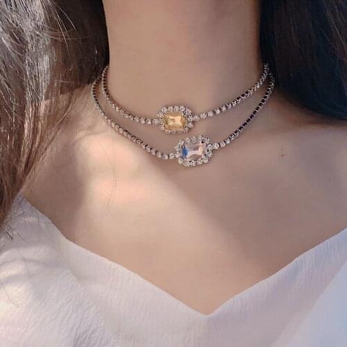 Single large crystal Small Necklace simple Pink yellow fashion Neck chain Korean Charm Fairies banquet