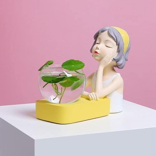 Girl Figures Statue with Hydroponic Flower Pot Home Office Store Shop Cafe Desktop Decoration Accessories Mordern Art Sculpture