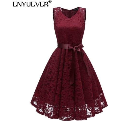 Enyuever Elegant Christmas Party Dresses Women Evening Sleeveless V Neck Swing Robe Pin Up Lace Dress Formal Clothes Vestidos