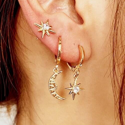 Fashion Cubic Zircon Star and Moon Earring Charms Star Hoop Earrings Crystal Star-moon Asymmetric Earrings Drop Earrings Jewelry