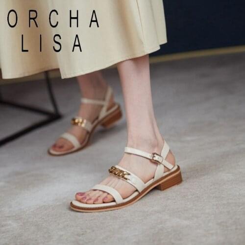 ORCHA LISA 2021 New Women buckle strap Cow leather sandals soft sole casual retro chain sandals open toe flat shoes