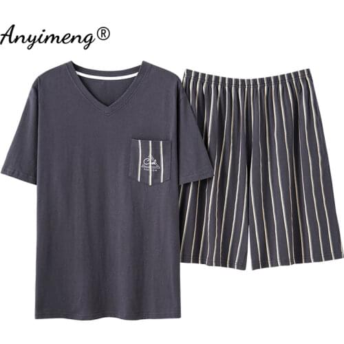 Men Pajamas for Summer Soft Breathable Cotton Mens Home Clothing Sets Pullover Plaid Bottoms Casual Cotton Mens Lounge Wear New