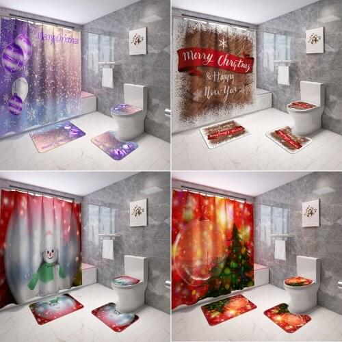 Merry Christmas Bathroom Decoration Shower Curtain Set Bath Mats Rugs Snowman Bell Toilet Cover Anti Slip Pads Bathtub Curtains