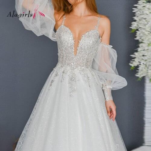 Sexy Sequin Vneck Wedding Dress 2020 Puffy Lantern Sleeves Bride Dresses Backless Lace Wedding Gowns Mermaid Wedding Dress