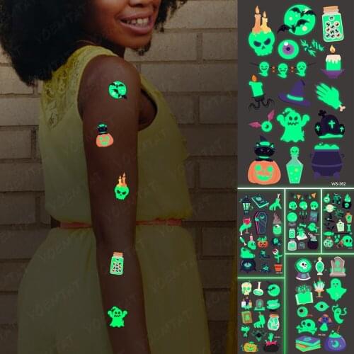 Halloween Temporary Tattoo Stickers Waterproof Skull Candle Pumpkin Head Ghost Luminous Tattoos Arm Body Glowing Man Woman Child