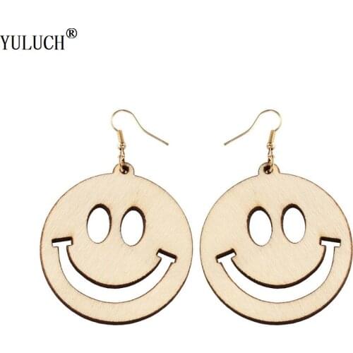 YULUCH New Design Natural Wooden Earrings Hollow Smile Wooden Drop Dangle Earrings For Woman Girls Fashion Jewelry Party Gifts