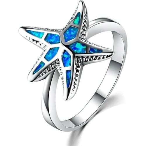 Hot Selling New Stylish Personality Design Cute Ocean Starfish Blue Wedding Engagement Party Jewelry Rings For Women Best Gifts
