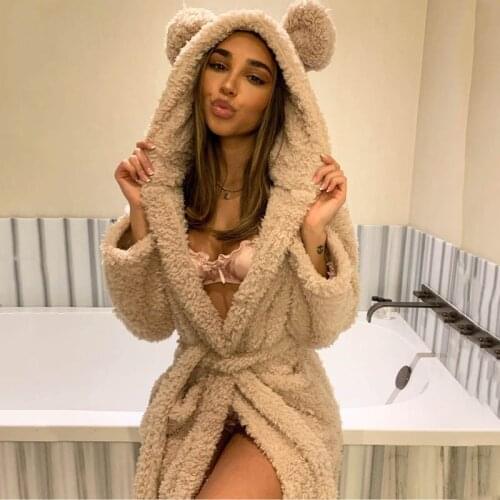Women Cute Soft Warm Plush Fleece Kimono Robe Long Sleeve Animals Ears Hooded Bathrobes Night-robe Loungewear Pajama Sleepwear