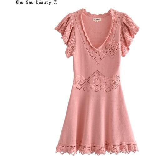 French 2021 Fashion New Autumn Vintage V-Neck Butterfly Sleeve Hollow Out Lace Slim Waist Knit Women Dress Solid Color Vestido