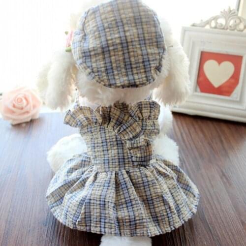2Pcs/Set New Style Pet Clothes Plaid Design Skin-friendly Breathable Pet Dog Stap Dress Hat Kit Summer Dogs Clothes Supplies