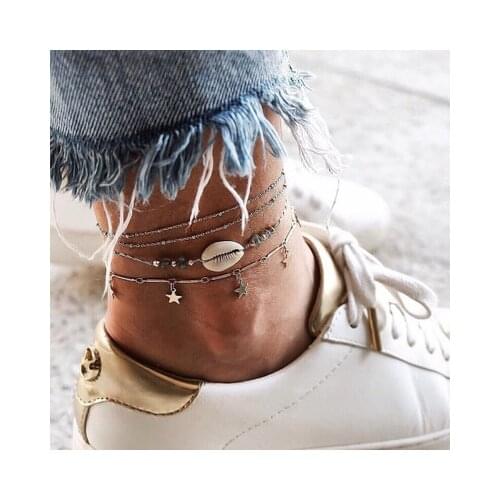 4 Pcs/Set Bohemian Shell Stone Pentagram Pendant Leather Braided Rope Silver Color Anklets Women Beach Party Jewelry Anklet Set