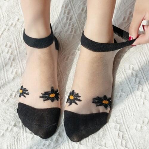 5pair/Set New Women Ladies Socks Small Daisies Series Sheer Mesh Glass Silk Ultrathin Transparent Crystal Lace Summer Ankle Sock