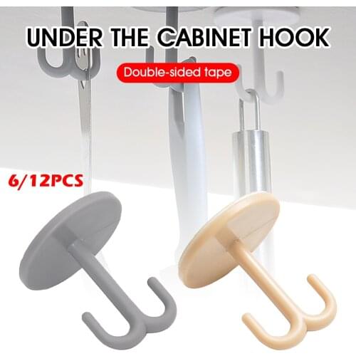 6pcs Hook Hanger Under Cabinet Hook Self Adhesive Dual Arms Undershelf Ceiling Hook Storage Organizer for Kitchen Bathroom Hooks