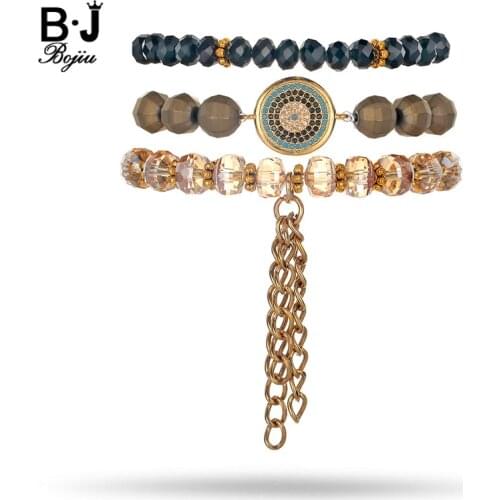 BOJIU 3 Pcs/Set Brown Black Crystal Gold Hematite Bracelets For Women New Charm Bracelet Sets For Women Popular Bracelet BCSET77