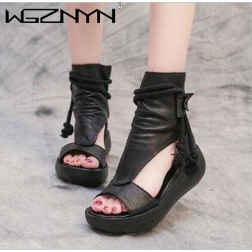 2021 Roman Style Summer Boots Women Sandal Shoes Leather Sandals Thick Sole Heighten Shoes Woman Wedges Sandals Open Toe Shoes