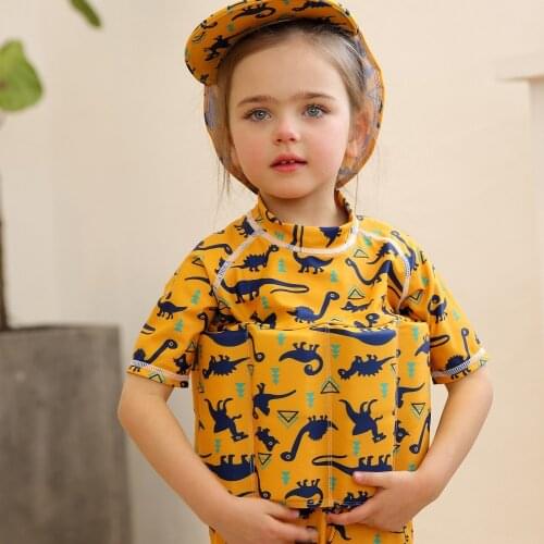 Kids Float Swim Suit with Hat Sun UV Protective UPF50+ One-piece Floating Swimsuit w/ Buoyancy Sticks Boys Girls, 3-10 Years
