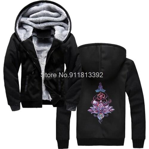 Illustrated Buddha Meditation Yoga Lotus Om Motif Print Hoodie Men Winter Thicken Keep Warm Hooded Hoodies Sweatshirt Streetwear