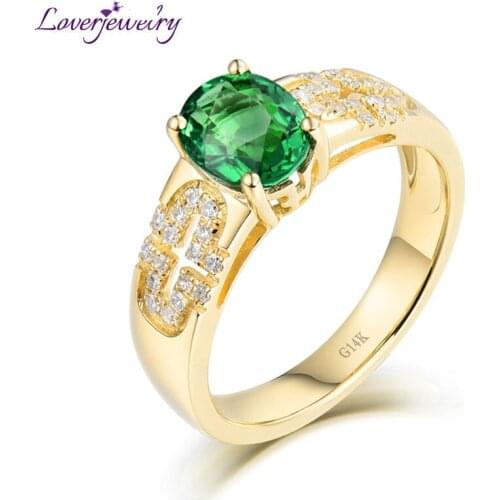 LOVERJEWELRY Ring Lady Solid 14K/AU585 Yellow Gold Real Diamond Green Tsavorite Wedding Rings For Women Fine Jewelry Loving Gift