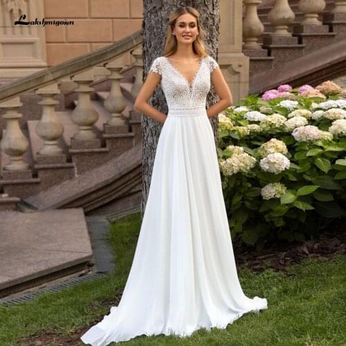 Lakshmigown Princess Bridal A Line Boho Wedding Dress 2021 Robe Boheme Sexy Women Backless Wedding Gowns Plunging Lace Bodice