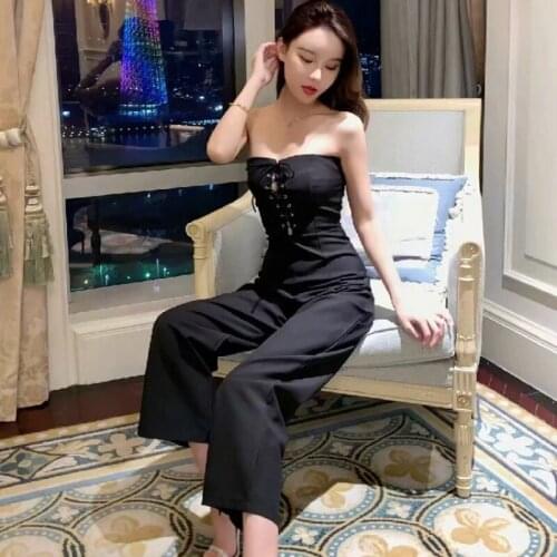 New Designer Sexy Sleeveless Off Shoulder Lace Up Women Jumpsuits Fashion High Waist Spring Summer Slim Ladies Wide Leg Jumpsuit