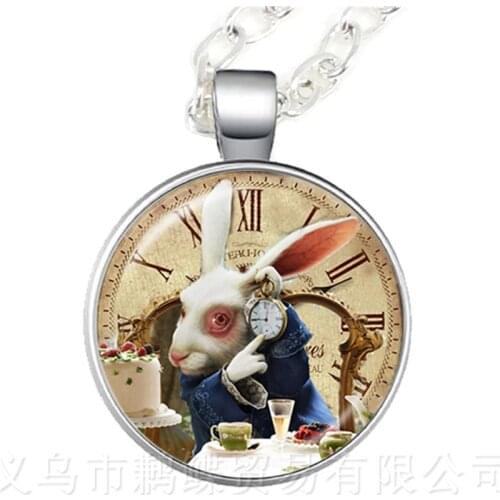 Alice In Wonderland Necklace A Mad Tea Party Mad Hatter March Hare Fairy Tale Pendant Hatter Print Glass Sweater chain Jewelry