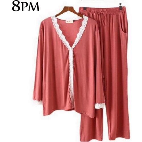 Modal V-neck Lace Pajamas Women New Fashion Two-Piece Cardigan Long-Sleeved Loose Home Clothes Soft Sexy Nightwear ouc1149