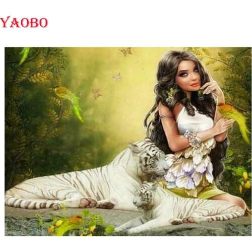 Pop art Full round Diamond Embroidery woman and tiger diamond painting Cross Stitch Patterns Rhinestone Diamond Mosaic sale