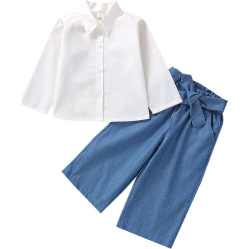 Girls Casual Three-Piece Clothes Set White Solid Color Shirt Elastic Waist Jeans And Waistband 18Months-6Years Lovely / Stylish
