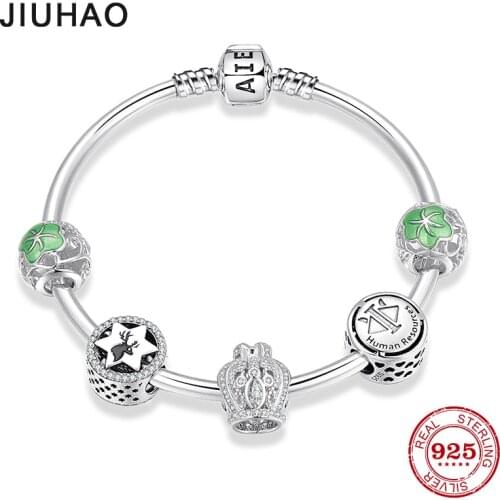 925 Sterling Silver Crown Round shape Human resource charm Beads Bangles forWomen Friendship Bracelets Jewelry DIY Gift